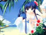  1girl beach bikini blue_eyes blue_hair bracelet day flower hibiscus jewelry kusakabe_yuuki leaning long_hair nakamura_takeshi sky solo swimsuit to_heart_2 towel white_bikini 