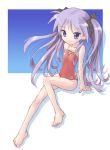  barefoot blue_eyes feet flat_chest hiiragi_kagami katahira_masashi lucky_star one-piece_swimsuit purple_hair swimsuit twintails 