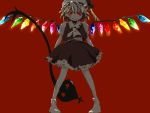  1girl ascot collar crazy_eyes crystal evil_smile female flandre_scarlet frills holding holding_weapon looking_at_viewer oekaki pigeon-toed polearm puffy_short_sleeves puffy_sleeves rainbow_order red_background red_eyes short_sleeves simple_background smile socks solo spear touhou weapon white_legwear wings 