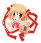  1girl bow kamikita_komari little_busters!! lowres pink_bow pocky solo 