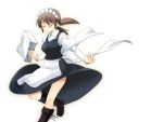  1girl apron bag bare_legs blush brown_hair closed_eyes frills holding juliet_sleeves leg_up long_sleeves maid maid_apron maid_headdress mori_sonou outstretched_arm puffy_long_sleeves puffy_sleeves shopping_bag short_hair solo standing standing_on_one_leg suzumiya_haruhi_no_yuuutsu thighs twintails waist_apron yuuji 