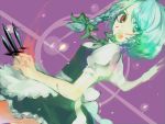  1girl alternate_hair_color aqua_hair between_fingers blood bow braid dutch_angle female fighting_stance hair_bow heterochromia izayoi_sakuya knife looking_back maid narumi narumi_(momo27) narumi_(uminari) solo throwing_knife touhou twin_braids weapon 