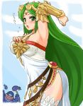 1girl armor armpits blush breasts crown dress eggplant eggplant_wizard goddess green_eyes green_hair hat jewelry kid_icarus kid_icarus_uprising konpeto large_breasts long_hair lots_of_jewelry lowres nintendo palutena pendant single_thighhigh thigh-highs tiara translated very_long_hair 