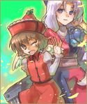  2girls brown_eyes brown_hair cosmic_chicken female hand_in_hair hat instrument inuinui jewelry keyboard keyboard_(instrument) lyrica_prismriver multiple_girls oekaki one_eye_closed pendant silver_hair touhou violet_eyes waving yagokoro_eirin 