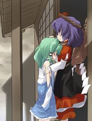  2girls blush comforting female green_hair hair_ornament kochiya_sanae leaf leaf_hair_ornament mamo_williams multiple_girls petting profile purple_hair rope shimenawa standing tears touhou veranda yasaka_kanako 