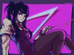  1girl bangs djsaturn formal highres holding jill_stingray long_sleeves looking_to_the_side medium_hair necktie short_twintails simple_background smoke smoking solo suit thigh-highs thighs twintails twitter_username va-11_hall-a white_sleeves 