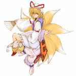  2girls blonde_hair cervus dress fan female folding_fan full_body hat holding long_sleeves looking_at_viewer multiple_girls pillow_hat shoes short_hair simple_background tabard tassel touhou white_background white_dress wide_sleeves wrestling yakumo_ran yakumo_yukari 