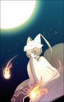  1girl artist_request blonde_hair female fire flame fox_tail frills from_side full_moon hat long_sleeves mob_cap moon multiple_tails night pillow_hat short_hair solo tabard tail tassel touhou wide_sleeves yakumo_ran 