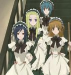  4girls blonde_hair blue_eyes blue_hair broom brown_eyes brown_hair hand_on_hip hips kenjou_kaname kiyashiki_momomi kiyashiki_momoni long_hair lowres maid maid_headdress multiple_girls ootori_amane pink_eyes red_eyes screencap short_hair smile stairs strawberry_panic! toumori_shion wrist_cuffs younger 