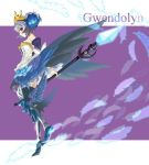  1girl armor armored_dress character_name crown dress feathers gwendolyn katou_kouki odin_sphere polearm purple_background spear strapless strapless_dress weapon wings 