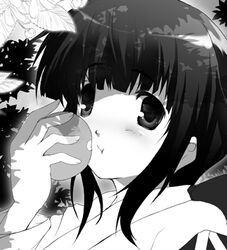  1girl apple food fruit holding holding_fruit kashi lowres monochrome original solo 