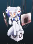  1girl blush cable cake cube food glados glados-tan heart highres kazuboh monitor orange_eyes pastry personification portal purple_hair short_hair solo spoilers valve weighted_companion_cube 