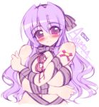  1girl arumela bare_shoulders between_breasts blush breast_squeeze breasts chocolate cleavage dripping huge_breasts long_hair mel/a original purple_hair ribbon solo upper_body violet_eyes 