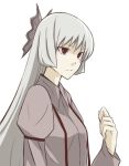  1girl clenched_hand closed_mouth collared_shirt expressionless female fujiwara_no_mokou grey_shirt kajiki long_sleeves lowres red_eyes shirt silver_hair simple_background solo suspenders touhou upper_body white_background 