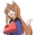  1girl animal_ears fang fumotono_mikoto gift holding holding_gift holo incoming_gift solo spice_and_wolf tail valentine wolf_ears 