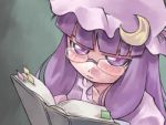  1girl bespectacled book bookmark crescent female glasses gradient gradient_background hat lowres mob_cap nyagakiya patchouli_knowledge purple_hair reading solo touhou violet_eyes 