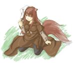  animal_ears brown_eyes brown_hair holo long_hair sitting smile spice_and_wolf tail wolf_ears zero_point 