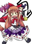  &gt;_&lt; 1girl arms_up blue_skirt bottle bow bowtie chains closed_eyes female gourd hair_bow ibuki_suika ofuda red_bow red_bowtie shirt simple_background skirt solo touhou white_background white_shirt wince wrist_cuffs 