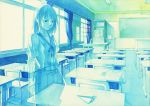  bad_id blue classroom desk ghost matabi original paper_airplane school_uniform serafuku traditional_media uniform watercolor_(medium) window 