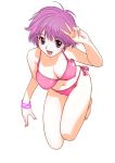  1girl barefoot bikini bracelet breasts cleavage full_body hands itoshi_no_kana jewelry kana_(itoshi_no_kana) purple_hair short_hair side-tie_bikini simple_background solo swimsuit tanaka_yutaka v violet_eyes 