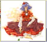  1girl barefoot black_skirt female frog hair_ornament honokan leaf_hair_ornament long_skirt sitting skirt solo touhou yasaka_kanako 