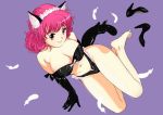  animal_ears barefoot cat_ears elbow_gloves feathers feet gloves leather pink_eyes pink_hair tanaka_yutaka 