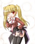  1girl asmodeus blonde_hair inasaki_shirau leotard necktie pink_necktie red_eyes solo stakes_of_purgatory thigh-highs twintails umineko_no_naku_koro_ni 