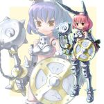  animal_ears armor brown_eyes flail katahira_masashi original pink_hair purple_hair rabbit_ears shield weapon zoom_layer 