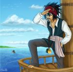  2boys bags_under_eyes barefoot boat clouds cosplay death_note disney facial_hair goatee hani06 hani7 headband jack_sparrow jack_sparrow_(cosplay) l_(death_note) male_focus multiple_boys mustache ocean parody pirate pirates_of_the_caribbean ryuk signature sky 