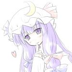  1girl blue_bow blush bow crescent female finger_to_mouth hair_bow hat heart index_finger_raised long_sleeves mob_cap multi-tied_hair natsuki_(silent_selena) patchouli_knowledge red_bow shushing simple_background sketch solo touhou upper_body white_background 