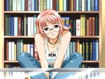  1girl book bookshelf denim game_cg glasses jeans katekyo_~akaruku_tanoshiku_koku_ecchi~ long_hair mibu_natsuki pants pink_hair red_eyes solo 