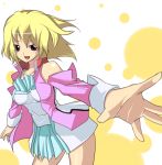  00s 1girl :d bare_shoulders bent_over blonde_hair brown_eyes detached_sleeves foreshortening gundam gundam_seed gundam_seed_destiny kurou_(yugato) long_sleeves looking_at_viewer open_mouth outstretched_arm short_hair smile solo stellar_loussier yugato 