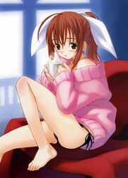  1girl :o absurdres ahoge bare_shoulders barefoot black_panties blush brown_eyes brown_hair chair coffee cup feet highres long_hair matsuryuu mug original panties ponytail ribbon scan side-tie_panties solo steam sweater sweater_dress underwear 