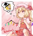  2girls ascot blonde_hair clenched_hands collar crystal demon_wings dress english female flandre_scarlet happy_valentine heart-shaped_box kirisame_marisa multiple_girls myonde puffy_short_sleeves puffy_sleeves red_dress short_sleeves sitting text thought_bubble touhou valentine wings yuri 
