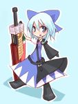  1girl advent_cirno blue_eyes blue_hair chibi cirno dress female full_body simple_background solo sword touhou weapon 