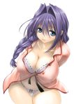  1girl babydoll blue_eyes blue_hair blush bra braid breasts cleavage curvy hair_intakes huge_breasts kanon lace leaning_forward lingerie mature milf minase_akiko mitarashi_kousei navel open_clothes open_shirt panties purple_hair shirt sidelocks solo thigh_gap thighs thong underwear 