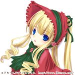  00s 15citron 1girl blonde_hair bonnet bow bowtie dress drill_hair frills green_bow green_bowtie looking_at_viewer lowres red_dress rozen_maiden shinku sidelocks simple_background solo twin_drills twintails white_background 