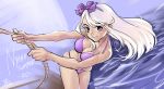  1girl bikini breasts cleavage large_breasts long_hair purple_hair rope swimsuit violet_eyes water white_hair 