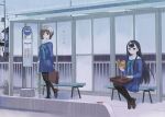  2girls black_legwear bus_stop kazuto_izumi multiple_girls original pantyhose rain school_uniform serafuku 