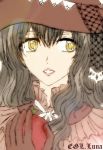  1girl apple black_hair blood female food fruit gothic hat long_hair ribbon solo yellow_eyes 