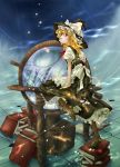  1girl arm_support blonde_hair book book_stack boots braid female globe hat honokan kirisame_marisa looking_up open_mouth side_braid sky solo sphere star string tiles touhou witch_hat yellow_eyes 