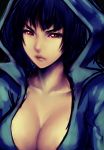  1girl black_hair breasts cleavage fumio_(rsqkr) hood original red_eyes short_hair solo 