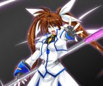  &gt;:d 1girl :d black_gloves blue_eyes brooch collar cowboy_shot dress fingerless_gloves gem gloves jacket jewelry long_hair looking_at_viewer lyrical_nanoha magical_girl mahou_shoujo_lyrical_nanoha mahou_shoujo_lyrical_nanoha_strikers open_clothes open_jacket open_mouth outstretched_arm raising_heart redhead smile solo standing takamachi_nanoha twintails uniform very_long_hair violet_eyes white_devil white_dress 