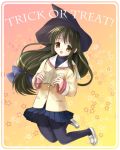  1girl black_hair black_legwear brown_eyes clannad gradient gradient_background halloween hat ibuki_fuuko kimishima_ao long_hair low-tied_long_hair pantyhose pink_background school_uniform shoes skirt smile solo star starfish starry_background tied_hair trick_or_treat witch_hat yellow_background 