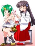  2girls ahoge bandaid bandaid_on_knee black_hair demon_girl eeeeee fang first_aid full_body green_hair horn horns japanese_clothes knees_together_feet_apart legs_together lowres miko multiple_girls oni original pleated_skirt red_hakama sitting skirt slippers sweatdrop tears tiger_print 