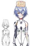  1girl ayanami_rei bandage bandage_over_one_eye bisuke-tan bisuke-tan_(cosplay) blue_hair cosplay kfc multiple_views neon_genesis_evangelion object_on_head plugsuit short_hair 