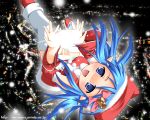  1girl bell blue_eyes blue_hair christmas christmas_elf elf kanna_hisashi original pointy_ears solo thigh-highs 