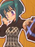  1girl bandaid blurry blush depth_of_field green_hair hairband long_sleeves lowres oekaki outline outstretched_arm plaid short_hair solo tsundere turtleneck valentine violet_eyes 