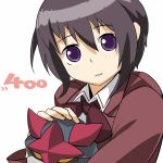  1girl bamboo_blade black_hair blush bow bowtie collar eyebrows eyebrows_visible_through_hair holding kawazoe_tamaki long_sleeves looking_at_viewer machinery red_bow red_bowtie robot ryman simple_background solo upper_body violet_eyes white_background 