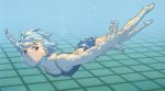  1girl :t ayanami_rei barefoot blue_hair blue_swimsuit breasts bubble foreshortening from_side hands highres holding_breath neon_genesis_evangelion one-piece_swimsuit outstretched_arms pale_skin pool red_eyes scan short_hair small_breasts solo spread_arms swimming swimsuit tsurumaki_kazuya underwater 